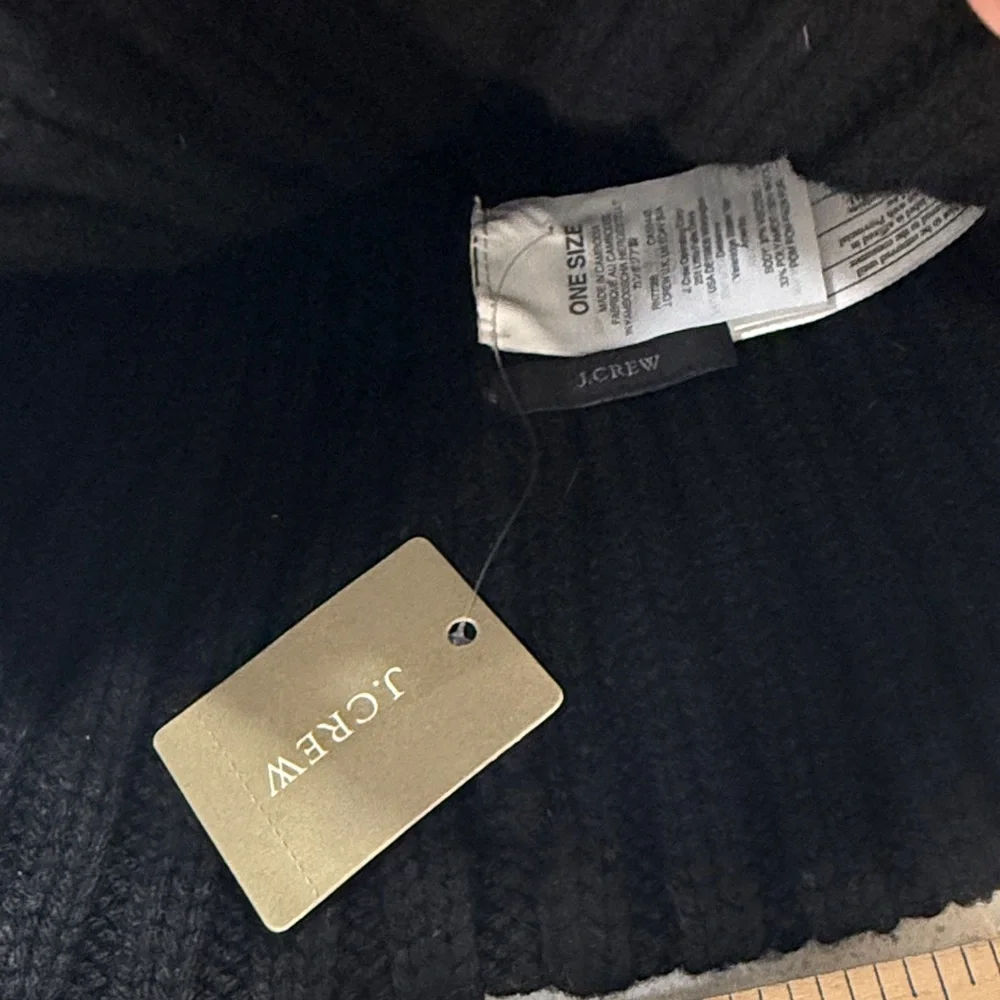 J. Crew NEW Black Wool Blend Knit Beanie with Faux Fur Pom-Pom OS ski snow bunny